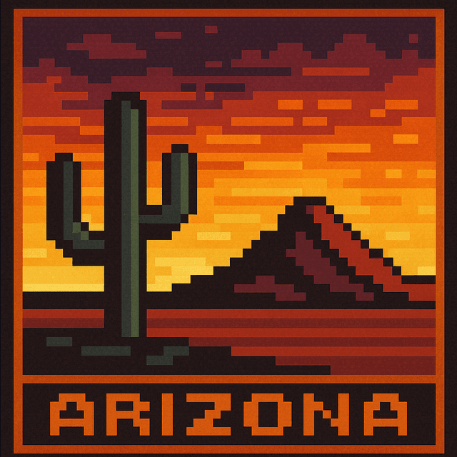 Pixel art of Arizona with cacti and sunshine in the desert